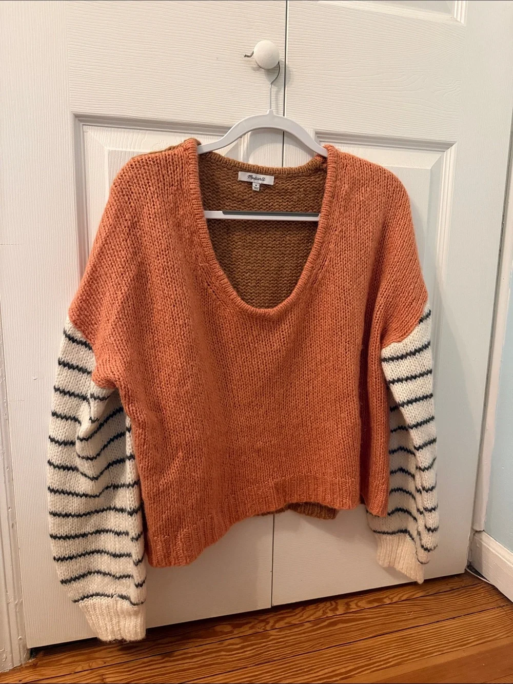 Women's Oversized Pink Rust Sweater with Striped Sleeves